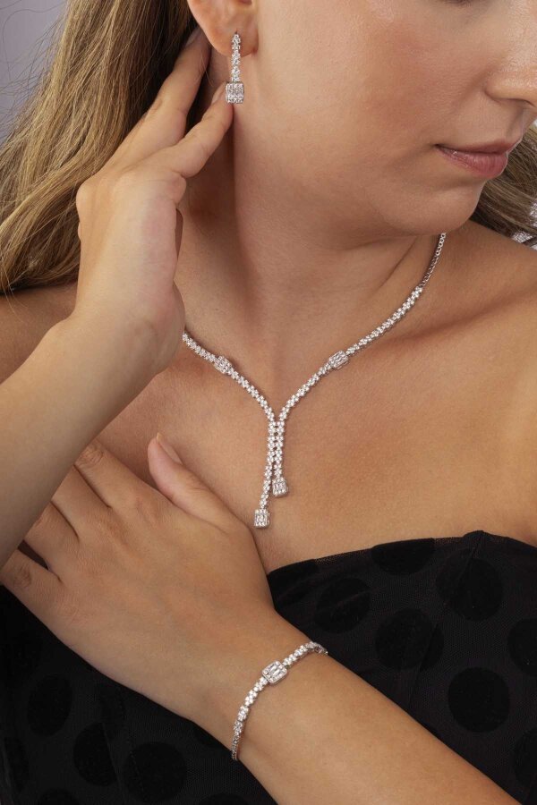 Baget Taşlı Rodyum Kaplama Su Yolu 925 Ayar Gümüş Düğün Set - Gümüş Pazarım