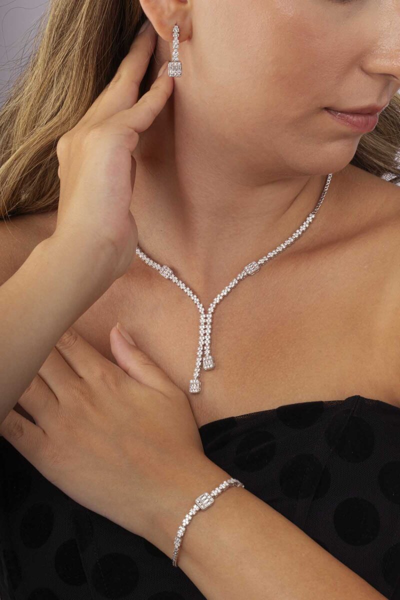 Baget Taşlı Rodyum Kaplama Su Yolu 925 Ayar Gümüş Düğün Set - 3