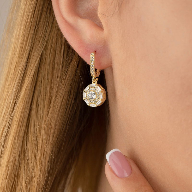 Baguette Stone Round Cut Hanging Silver Earrings - Thumbnail