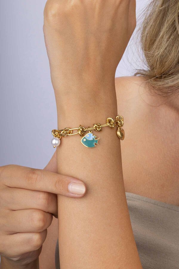 Balık İnci Kalp Figürlü Altın Kaplama Çelik Kadın Charm Bileklik - Gümüş Pazarım