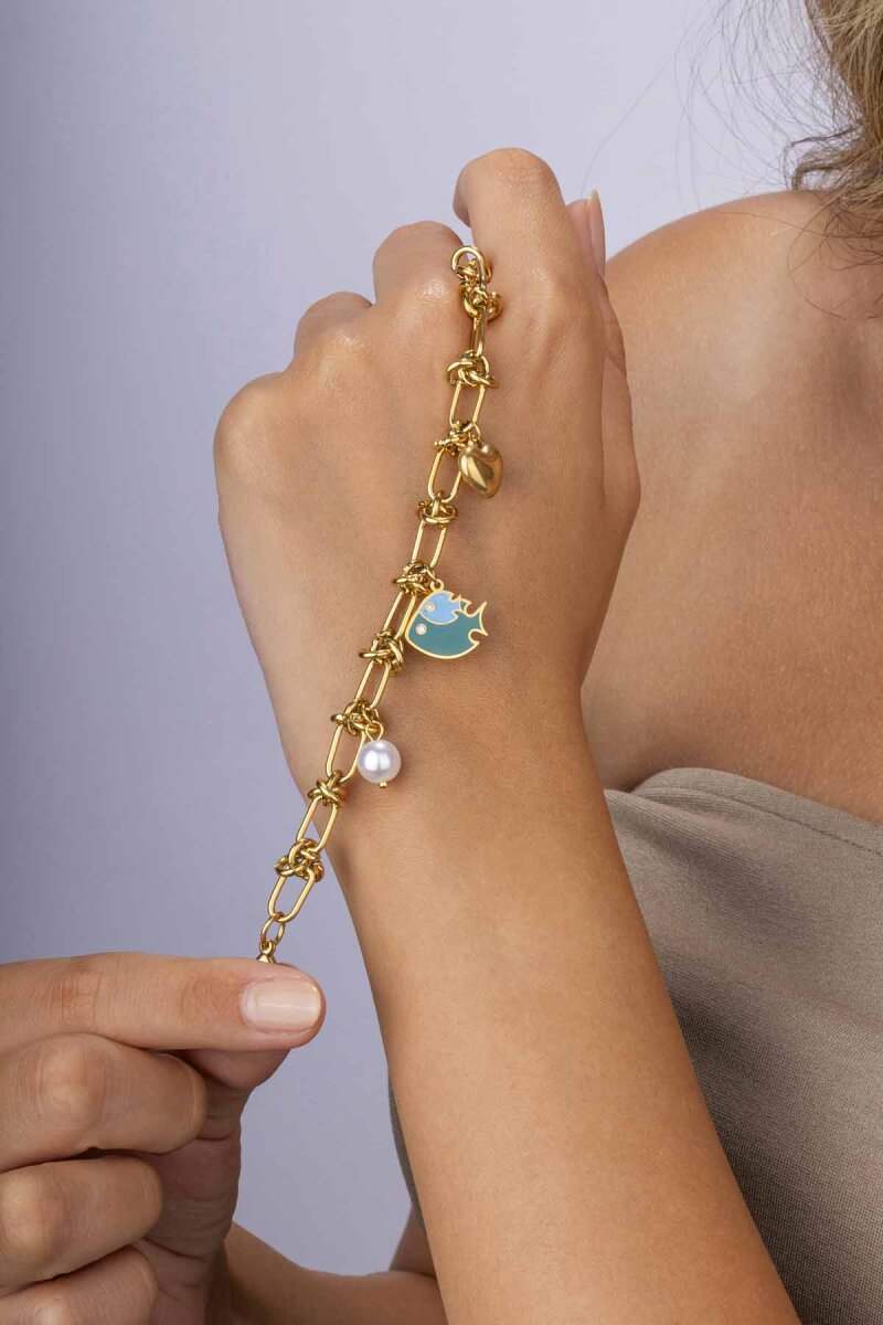 Balık İnci Kalp Figürlü Altın Kaplama Çelik Kadın Charm Bileklik - 1