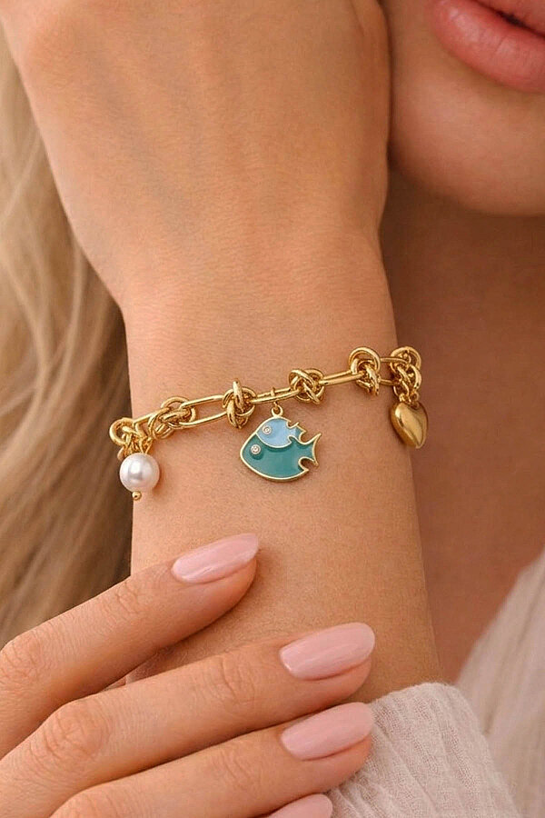 Balık İnci Kalp Figürlü Altın Kaplama Çelik Kadın Charm Bileklik - Gümüş Pazarım