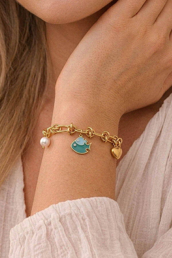 Balık İnci Kalp Figürlü Altın Kaplama Çelik Kadın Charm Bileklik - Gümüş Pazarım