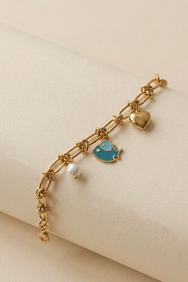 Balık İnci Kalp Figürlü Altın Kaplama Çelik Kadın Charm Bileklik - Gümüş Pazarım