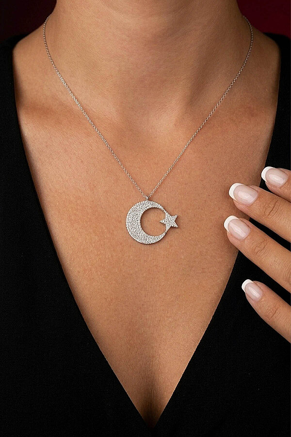 Beyaz Altın Kaplama Ay Yıldız 925 Ayar Gümüş Kadın Kolye - Gümüş Pazarım
