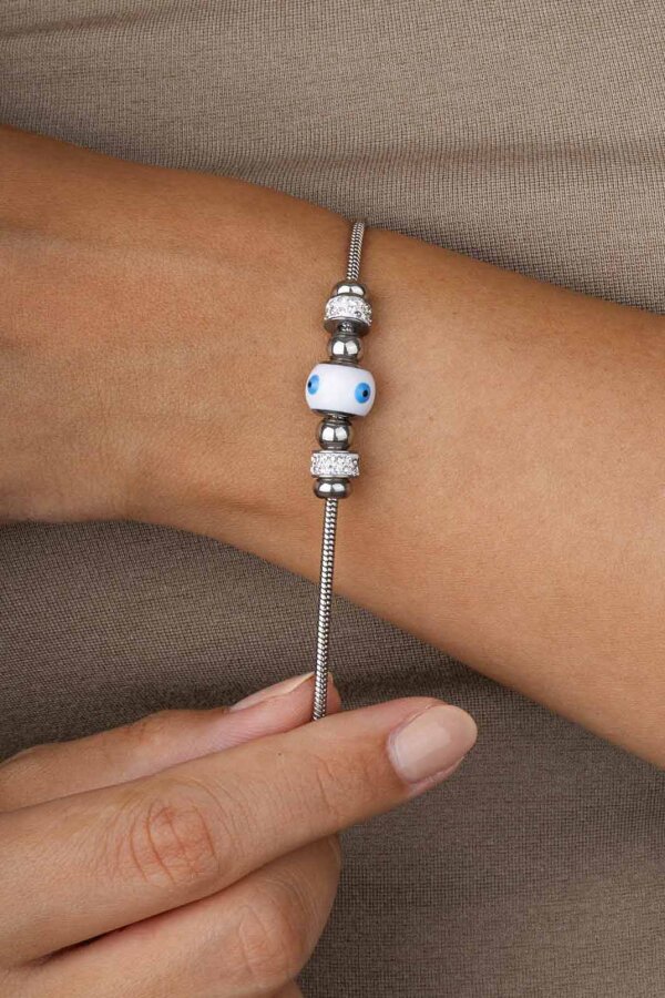 Beyaz Altın Kaplama Göz Figürlü Çelik Kadın Bileklik - Gümüş Pazarım