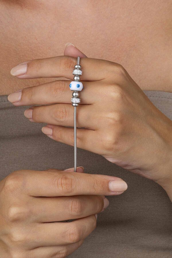 Beyaz Altın Kaplama Göz Figürlü Çelik Kadın Bileklik - Gümüş Pazarım