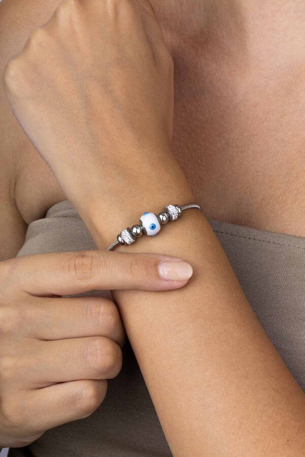 Beyaz Altın Kaplama Göz Figürlü Çelik Kadın Bileklik - Gümüş Pazarım