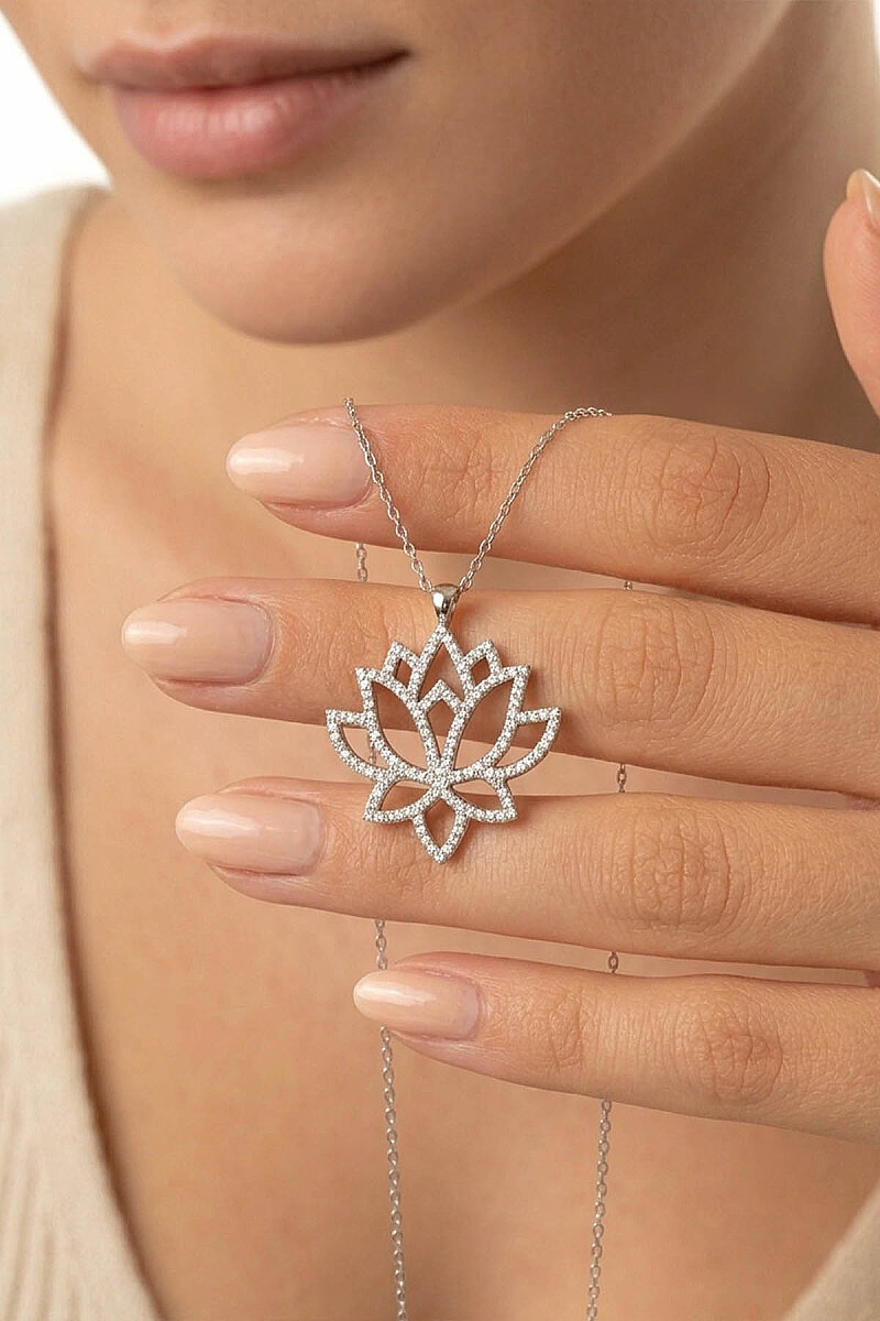 Beyaz Altın Kaplama Lotus Çiçeği Kadın Gümüş Kolye - 2