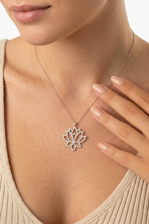 Beyaz Altın Kaplama Lotus Çiçeği Kadın Gümüş Kolye - Gümüş Pazarım
