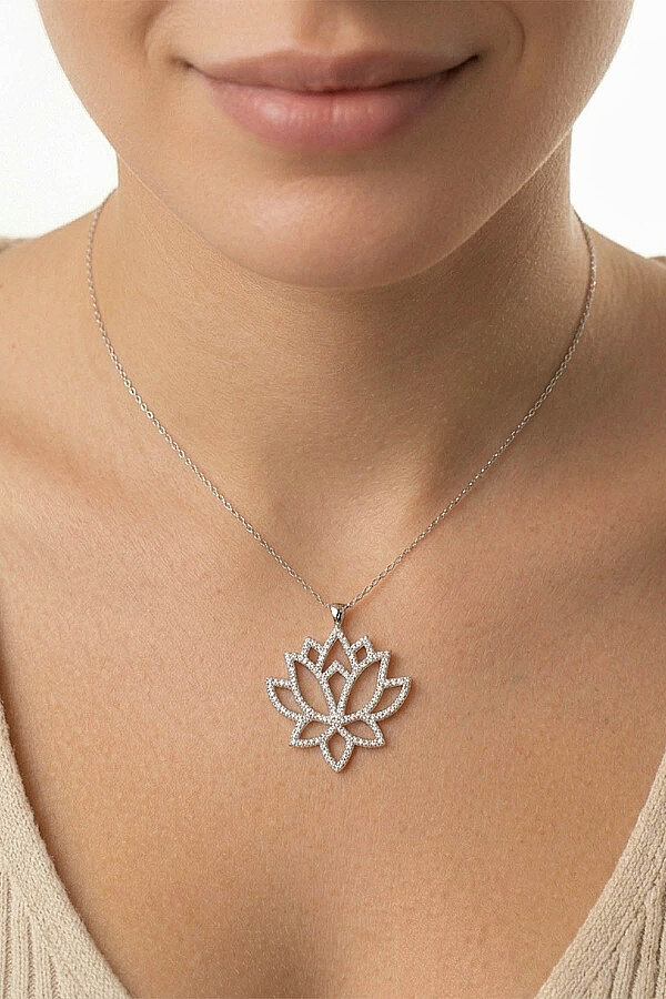 Beyaz Altın Kaplama Lotus Çiçeği Kadın Gümüş Kolye - Gümüş Pazarım