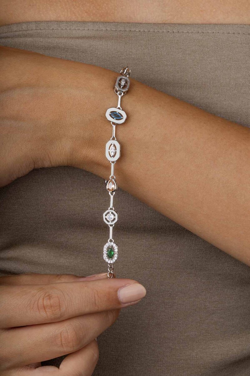 Beyaz Altın Kaplama Sıralı Renkli Taş Kadın Çelik Bileklik - 1