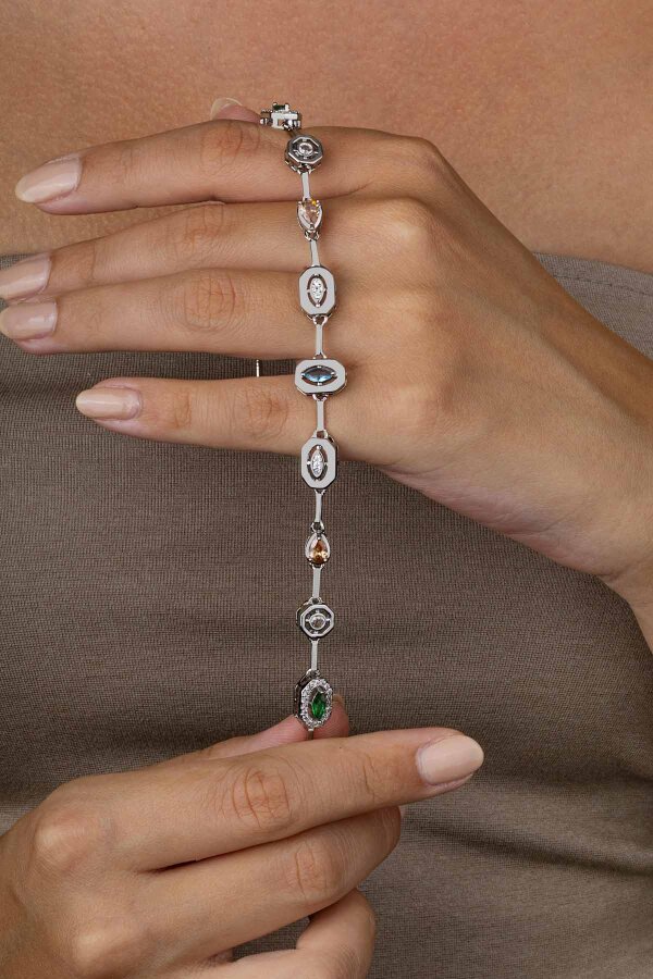 Beyaz Altın Kaplama Sıralı Renkli Taş Kadın Çelik Bileklik - 3