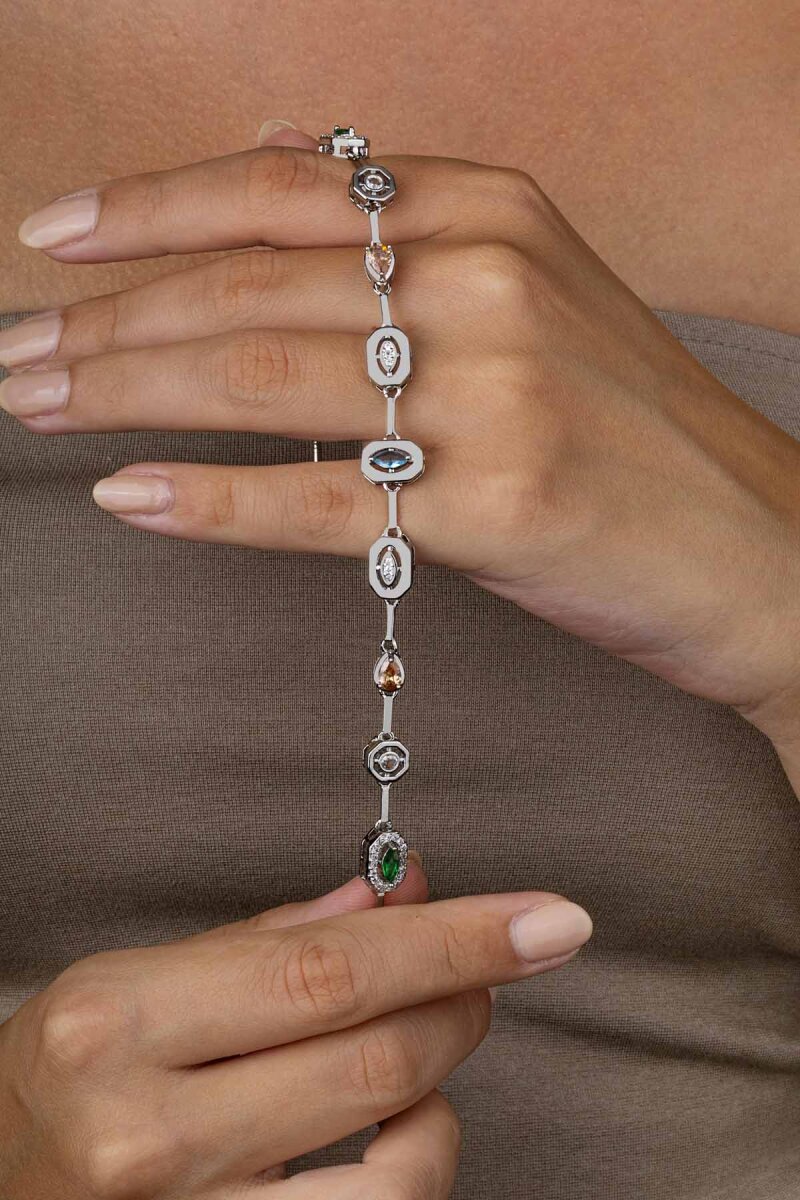 Beyaz Altın Kaplama Sıralı Renkli Taş Kadın Çelik Bileklik - 3