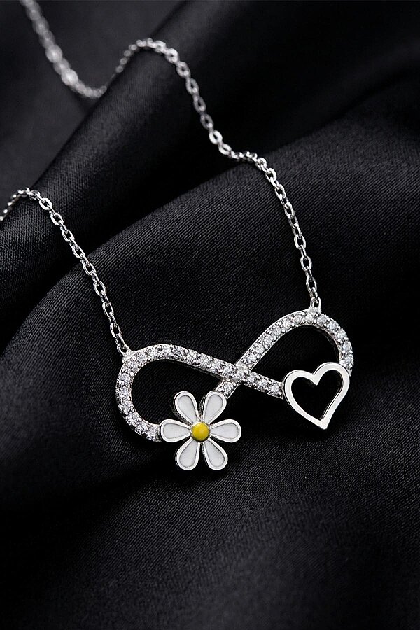 Beyaz Altın Kaplama Sonsuzluk Kalp Papatya Üçlüsü Kadın Gümüş Kolye - Gümüş Pazarım