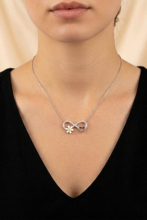 Beyaz Altın Kaplama Sonsuzluk Kalp Papatya Üçlüsü Kadın Gümüş Kolye - Gümüş Pazarım