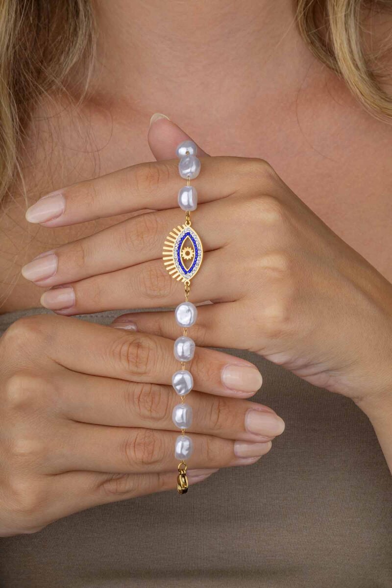 Beyaz İnci Geçişli Göz Figürlü Altın Kaplama Çelik Kadın Bileklik - 1