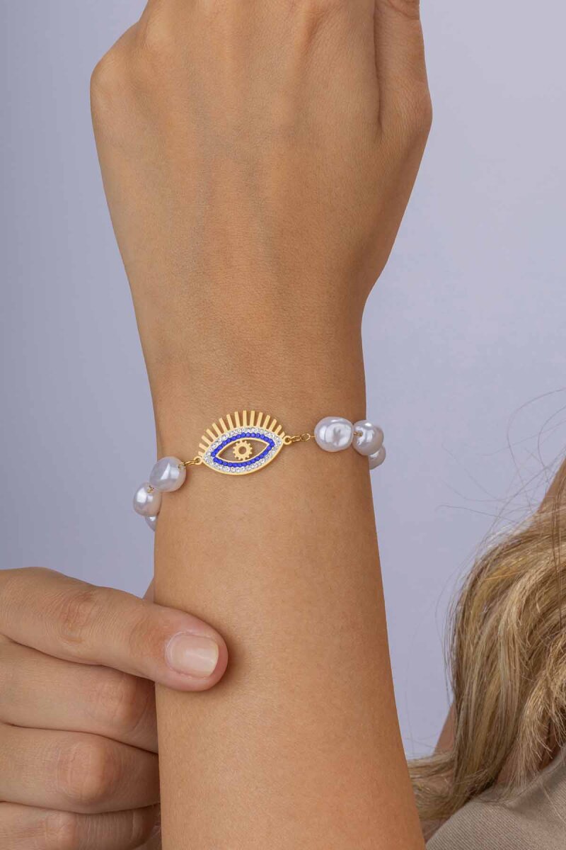 Beyaz İnci Geçişli Göz Figürlü Altın Kaplama Çelik Kadın Bileklik - 2