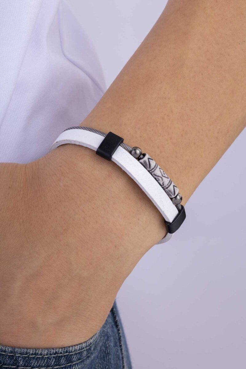 Beyaz Renk Metal Şeritli Erkek Deri Bileklik - 1