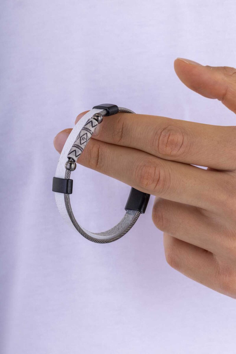 Beyaz Renk Metal Şeritli Erkek Deri Bileklik - 3