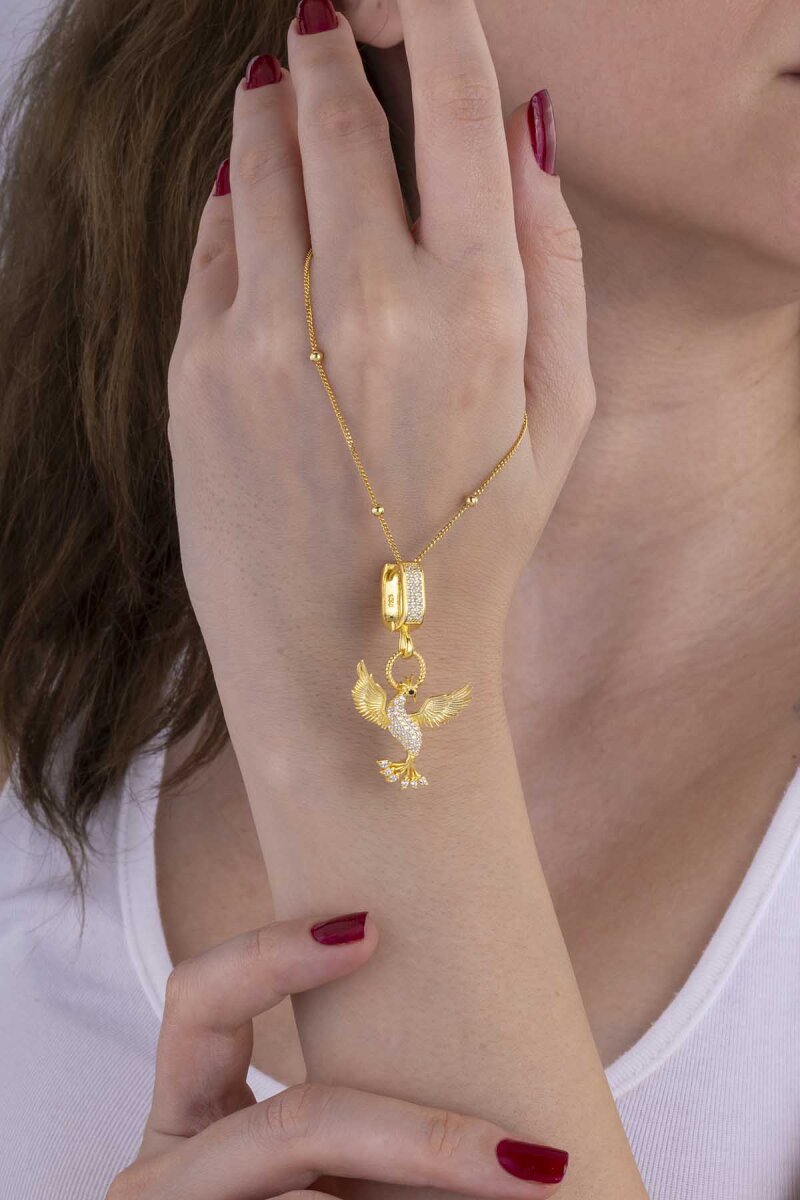 Beyaz Taşlı Altın Kaplama 925 Ayar Gümüş Anka Kuşu Gümüş Kolye - 1