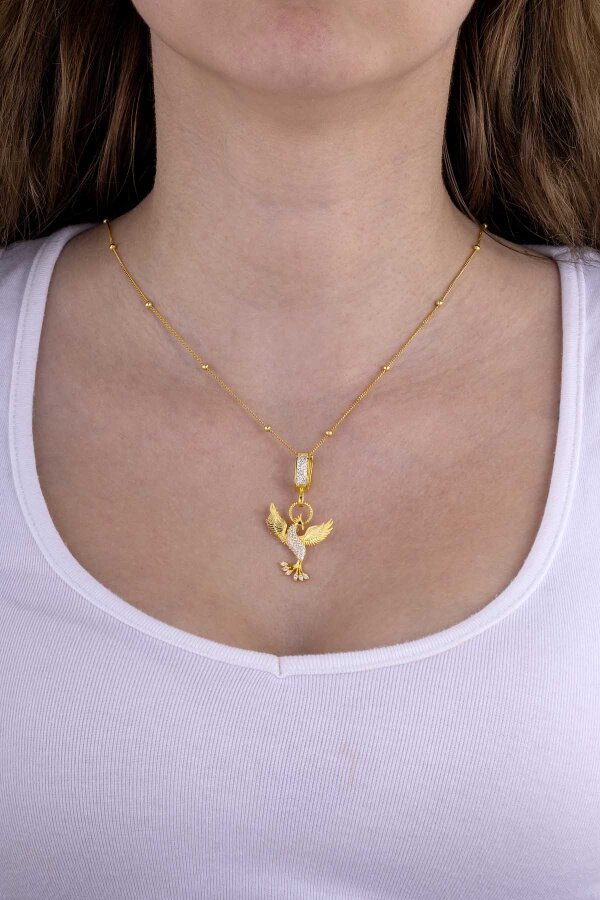 Beyaz Taşlı Altın Kaplama 925 Ayar Gümüş Anka Kuşu Gümüş Kolye - 2