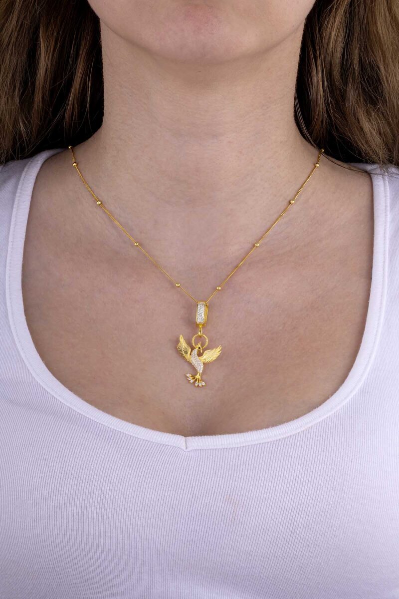 Beyaz Taşlı Altın Kaplama 925 Ayar Gümüş Anka Kuşu Gümüş Kolye - 2