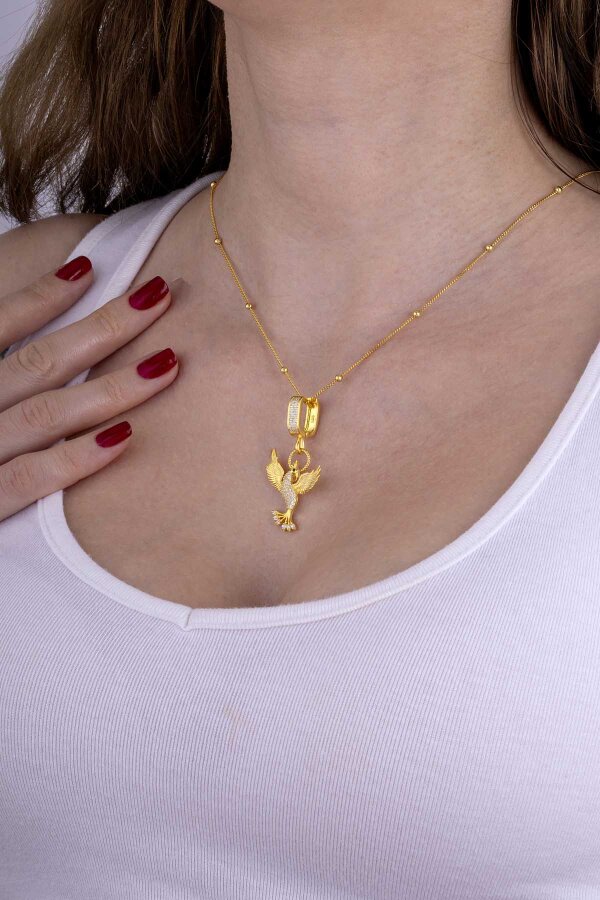 Beyaz Taşlı Altın Kaplama 925 Ayar Gümüş Anka Kuşu Gümüş Kolye - 3