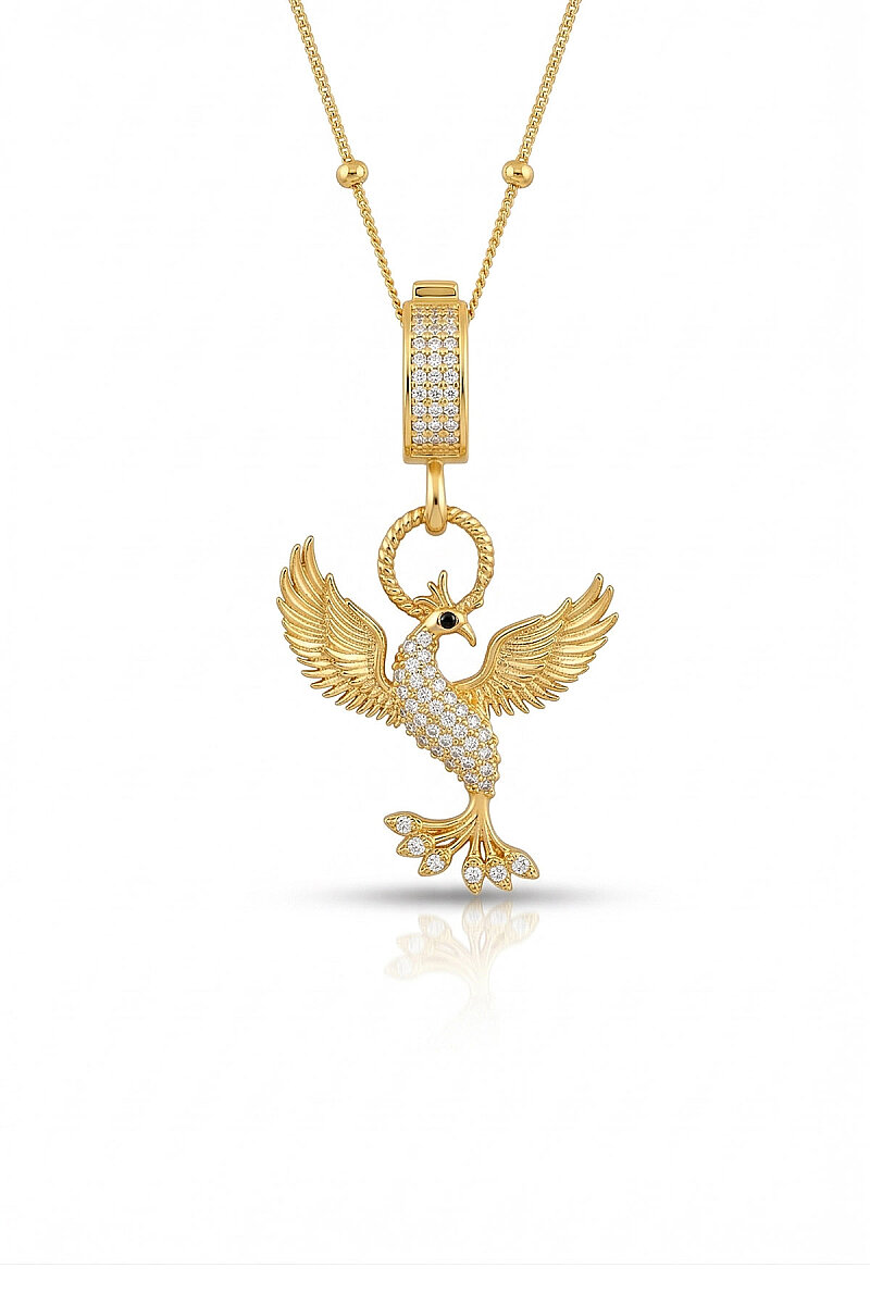 Beyaz Taşlı Altın Kaplama 925 Ayar Gümüş Anka Kuşu Gümüş Kolye - 1
