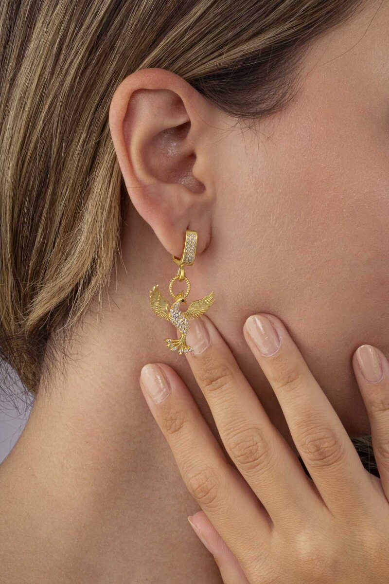 Beyaz Taşlı Altın Kaplama 925 Ayar Gümüş Anka Kuşu Gümüş Küpe - 1