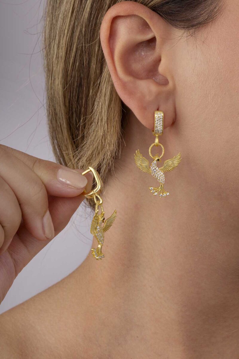 Beyaz Taşlı Altın Kaplama 925 Ayar Gümüş Anka Kuşu Gümüş Küpe - 2