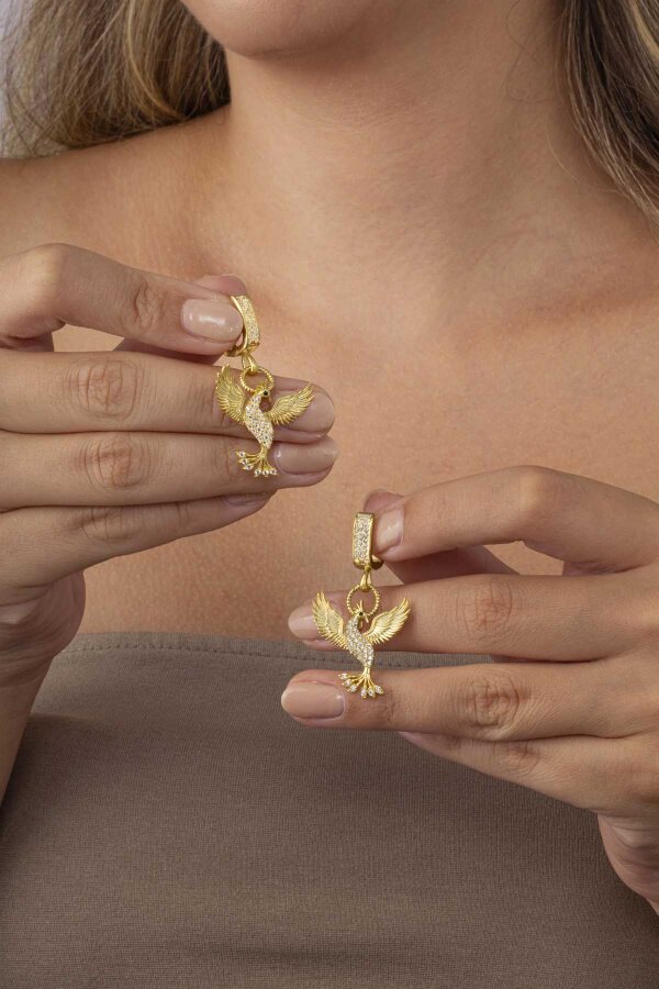 Beyaz Taşlı Altın Kaplama 925 Ayar Gümüş Anka Kuşu Gümüş Küpe - Gümüş Pazarım