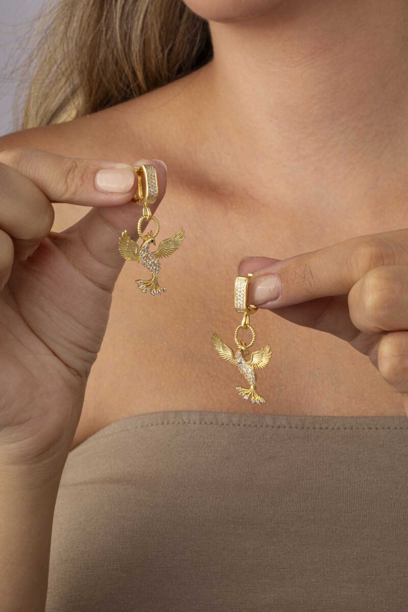 Beyaz Taşlı Altın Kaplama 925 Ayar Gümüş Anka Kuşu Gümüş Küpe - 4