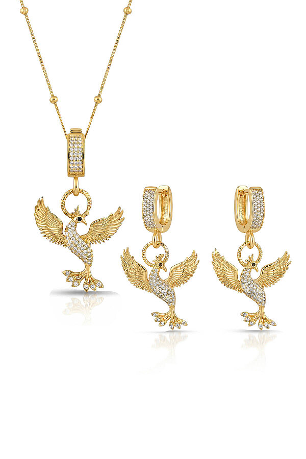 Beyaz Taşlı Altın Kaplama 925 Ayar Gümüş Anka Kuşu Gümüş Set - Gümüş Pazarım