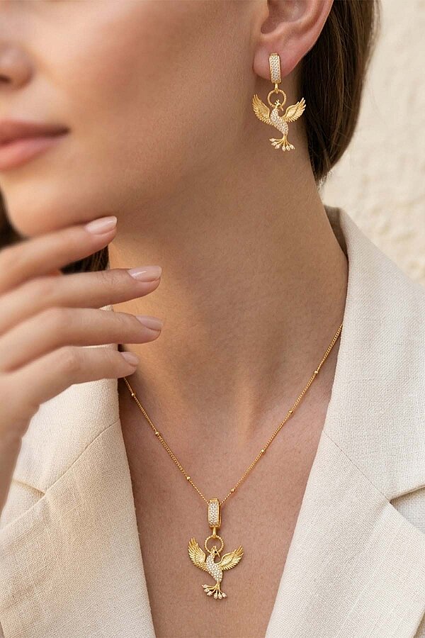 Beyaz Taşlı Altın Kaplama 925 Ayar Gümüş Anka Kuşu Gümüş Set - Gümüş Pazarım