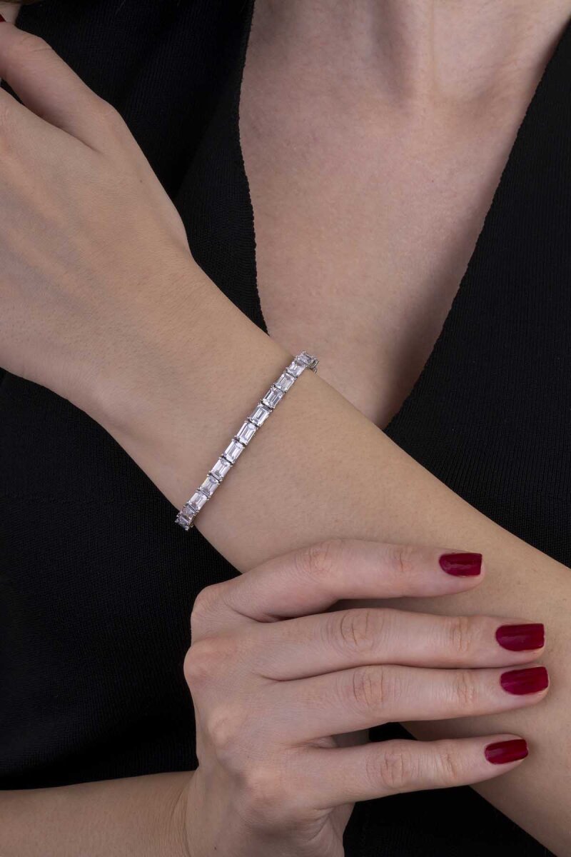 Beyaz Taşlı Baget Su Yolu Gümüş Bileklik - 1