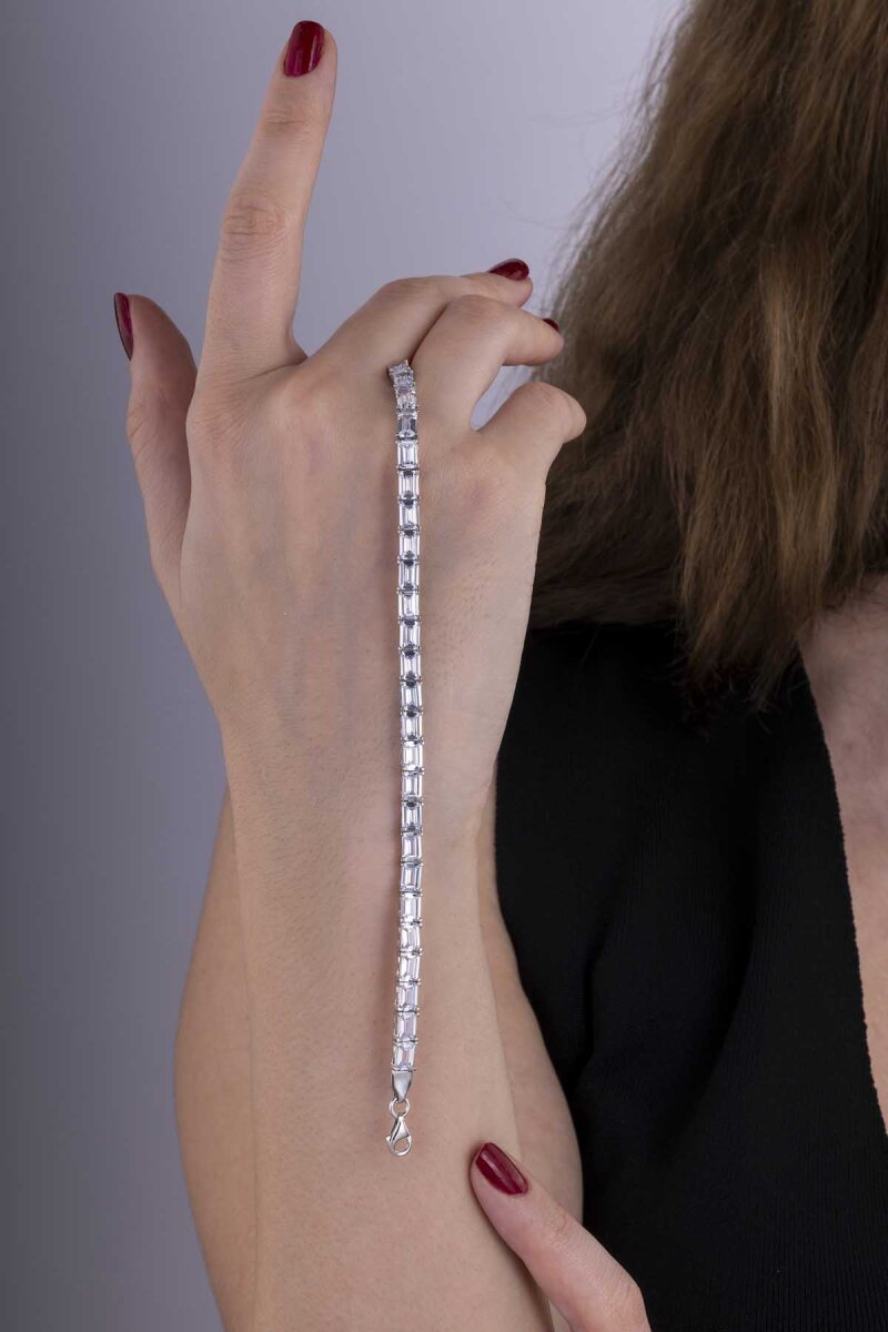 Beyaz Taşlı Baget Su Yolu Gümüş Bileklik - 2