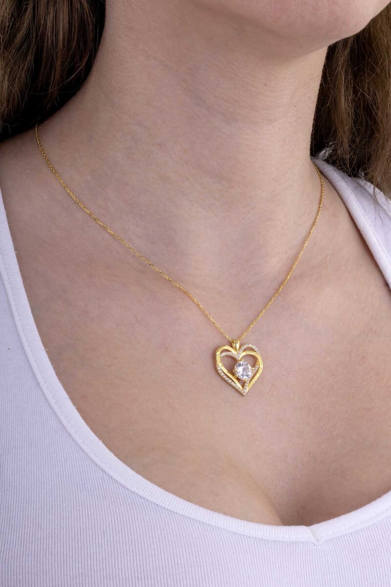 BeyazTaşlı Altın Kaplama Kalp Gümüş Kolye - 2