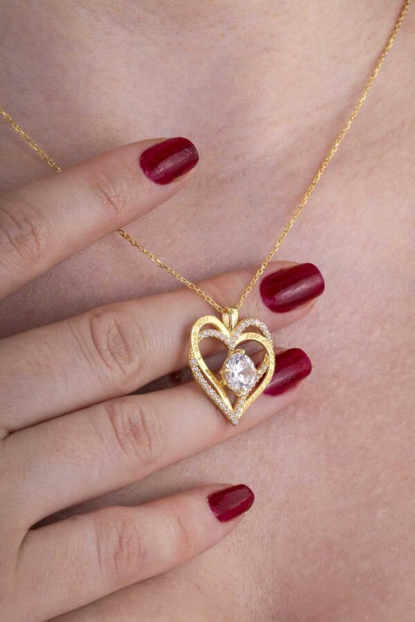 BeyazTaşlı Altın Kaplama Kalp Gümüş Kolye - Gümüş Pazarım