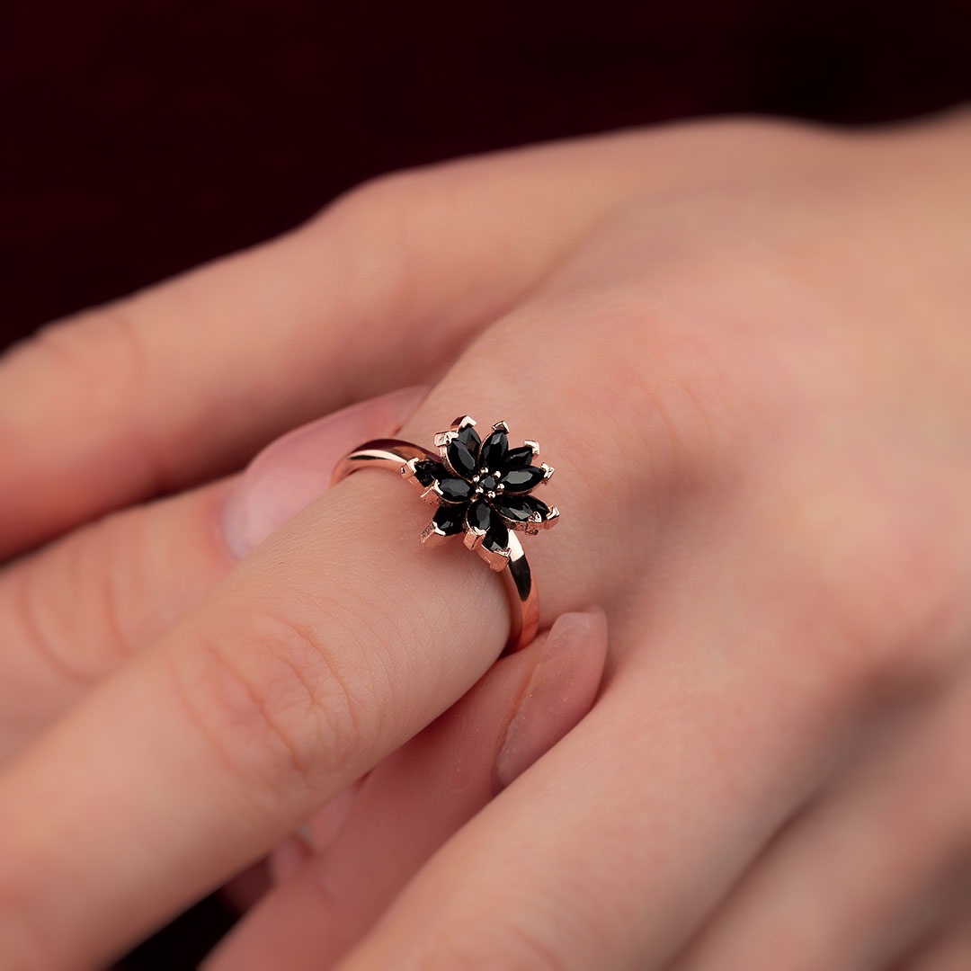 Black Stone Lotus Flower Silver Ring