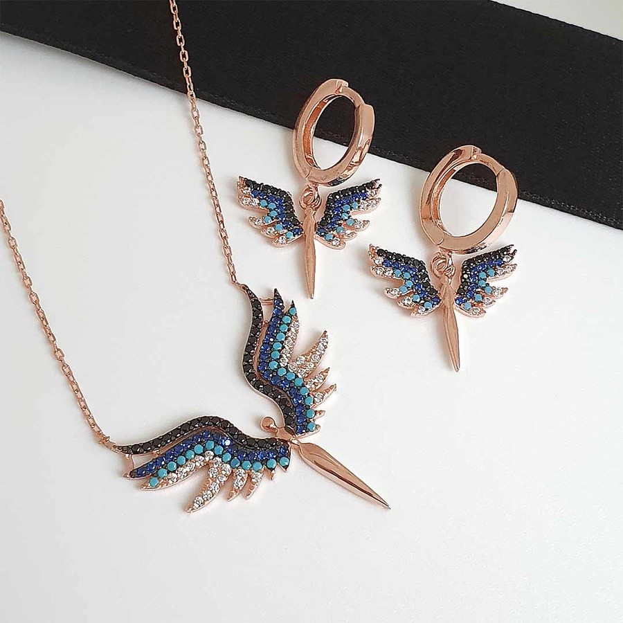 Gümüş Pazarım - Blue Stone Angel Michael Sword motif Earrings Necklace Combination