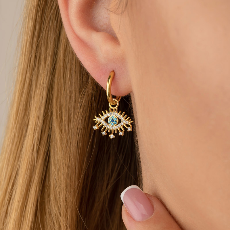Gümüş Pazarım - Blue Stone Eye Pattern Women's Gold Plated Sterling Silver Earrings