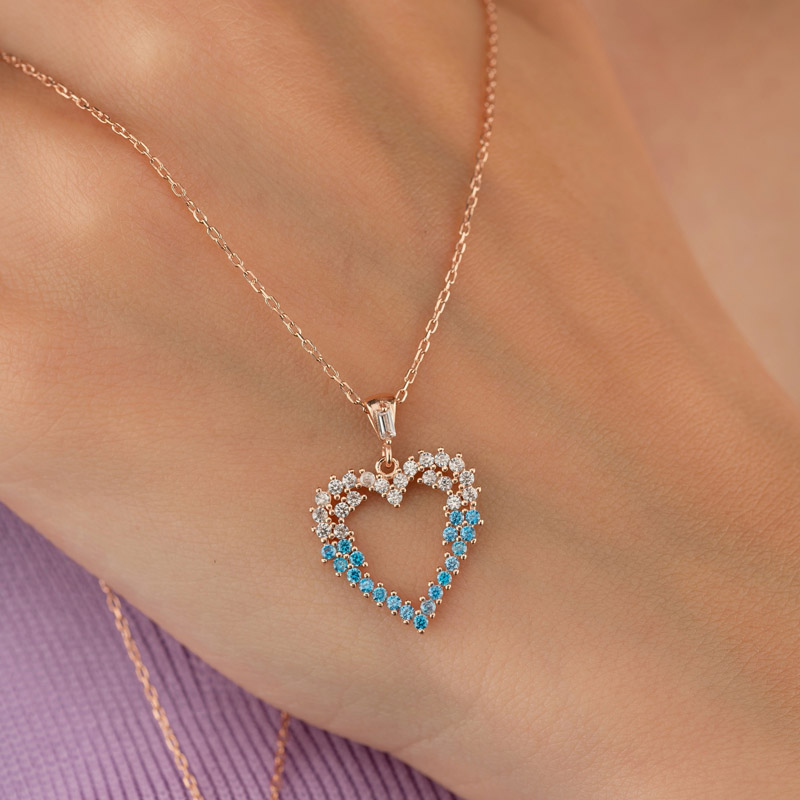 Blue Stone Heart Motif Sterling Silver Necklace