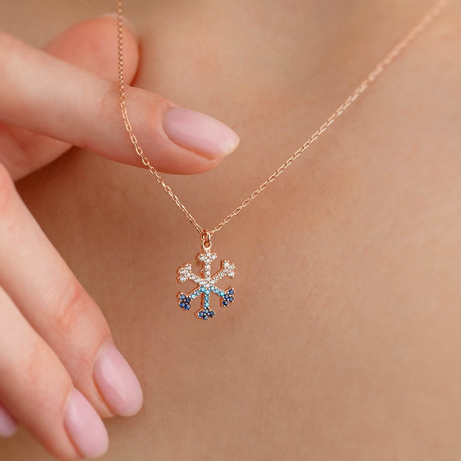 Blue Stone Snowflake Silver Necklace - Thumbnail