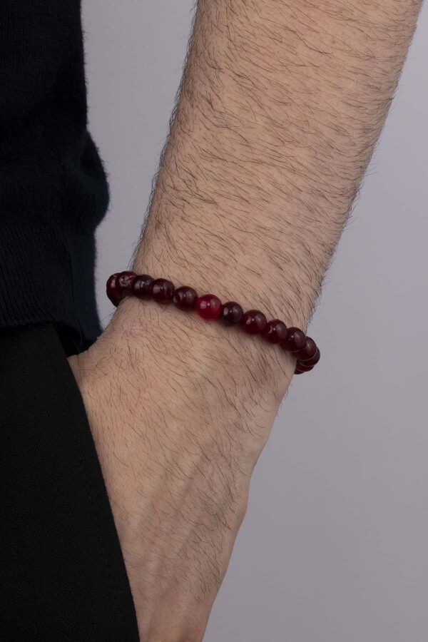 Bordo Renkli Yuvarlak Kesim Ceyt Taşı Erkek Bileklik 