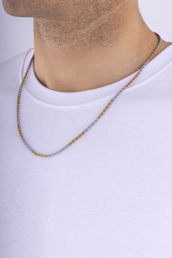 Burgu Model Çift Renk Altın Kaplama Erkek Çelik Zincir - Gümüş Pazarım