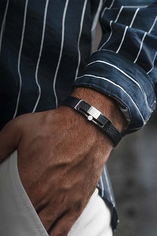 Çelik Aparatlı Çift Renk Klasik Model Erkek Deri Bileklik - Gümüş Pazarım