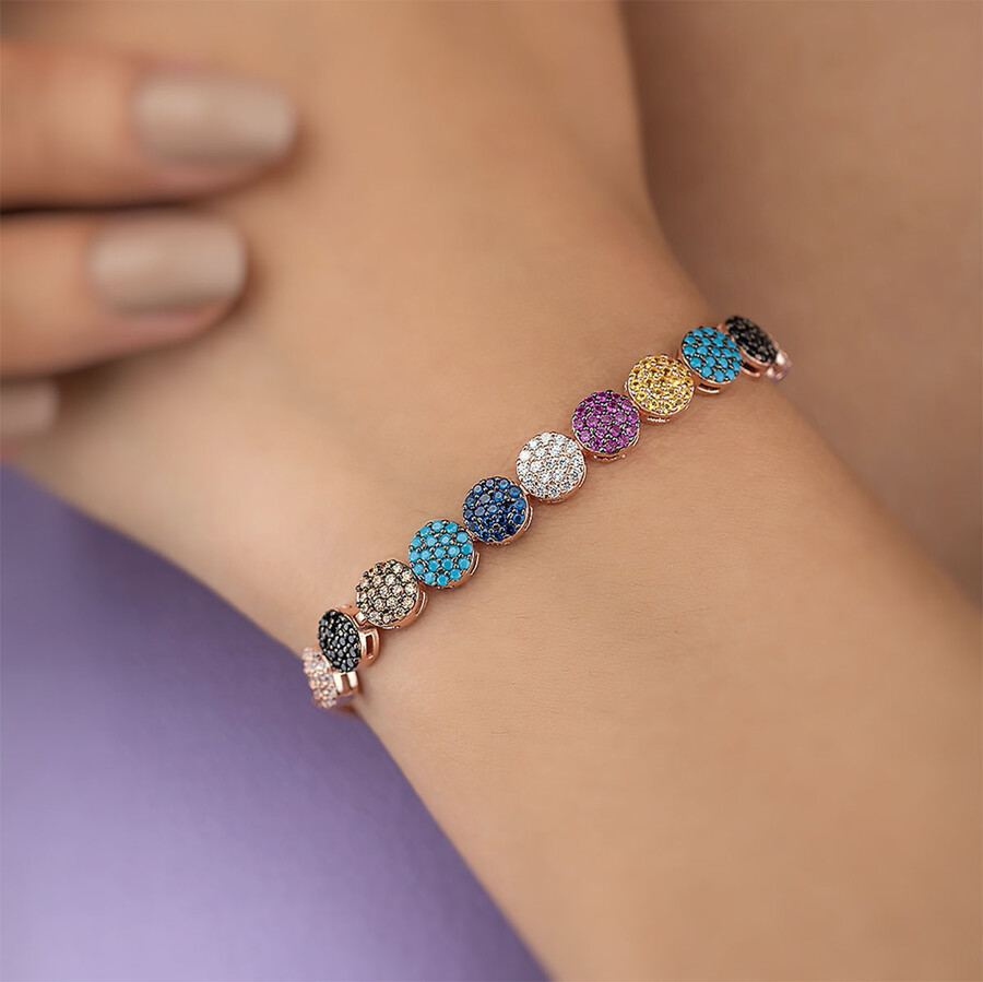 Colored Stone Elevated Full Turquoise Silver Bracelet - Thumbnail