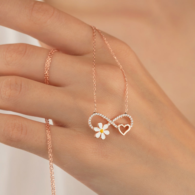 Gümüş Pazarım - Daisy Heart Motif Infinity Silver Necklace