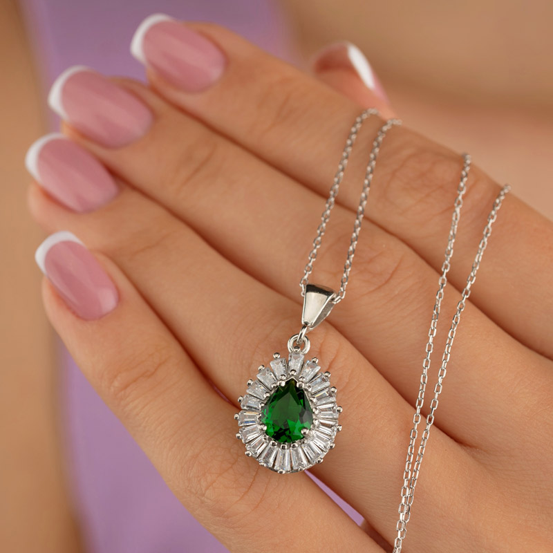 Diamond Mount Emerald Drop Cut Sterling Silver Necklace - Thumbnail